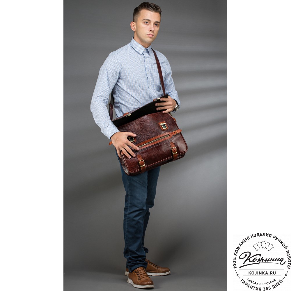 Кожаный портфель "Сталкер" (синий антик с рыжим)