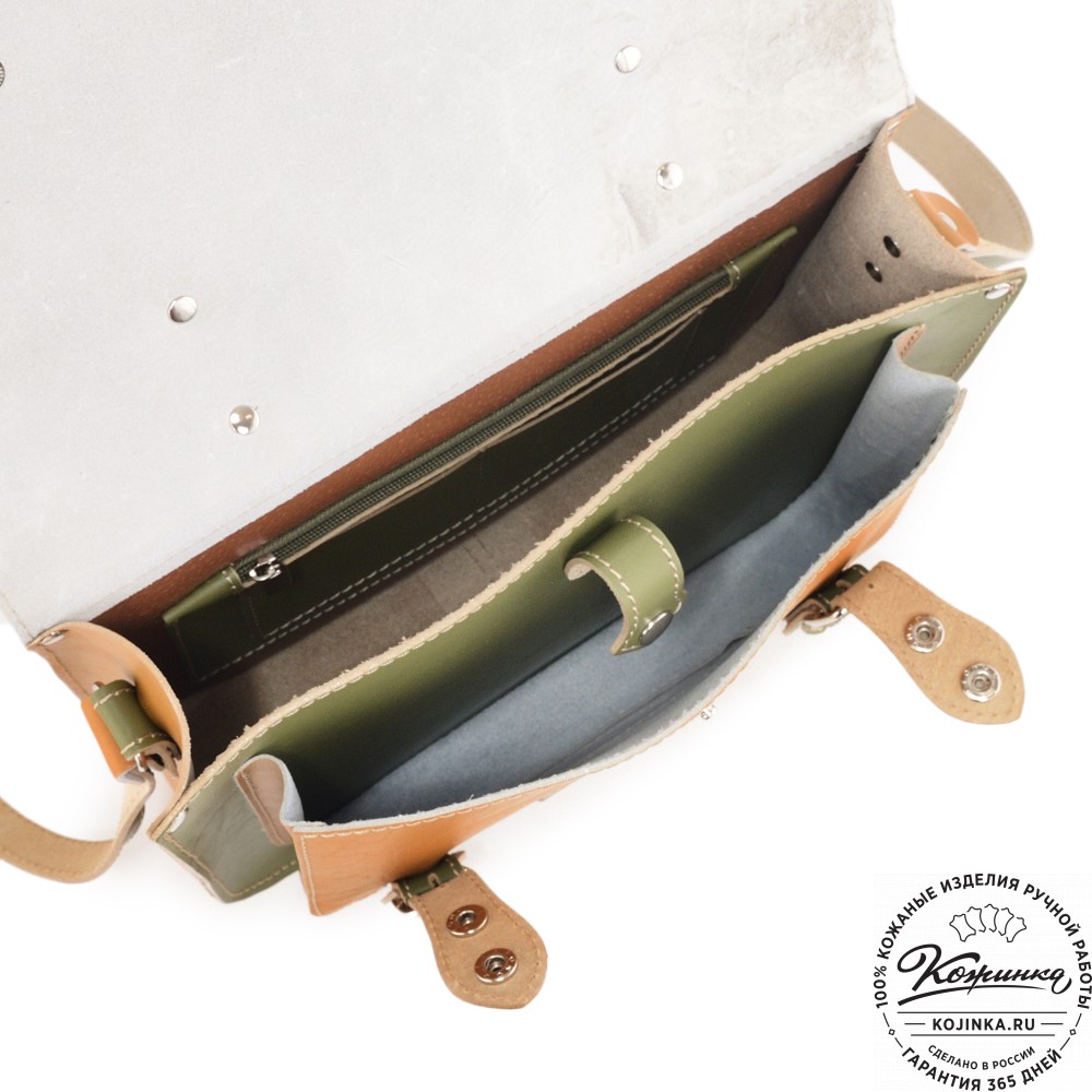Кожаный портфель "Сатчел" (охра с зеленым) 