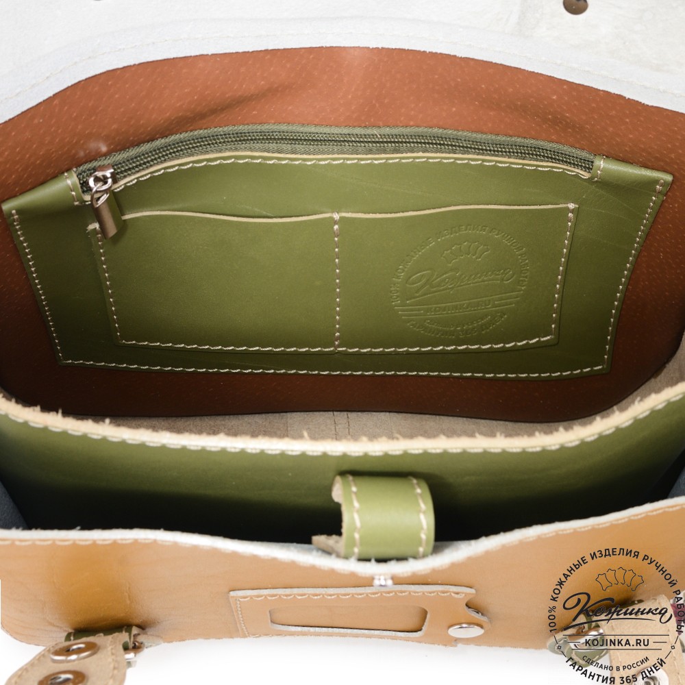 Кожаный портфель "Сатчел" (охра с зеленым) 