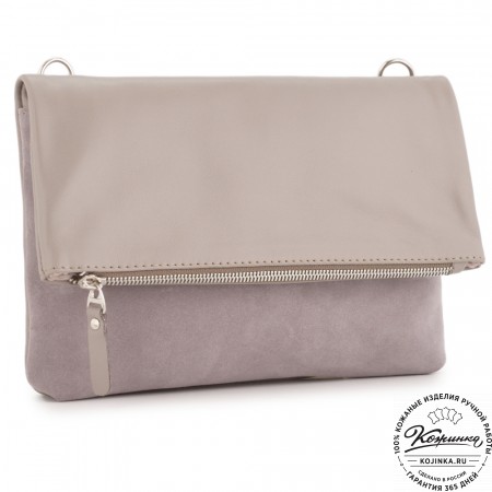 Кожаный клатч "Молли" с отделкой велюр (бежево-серый)