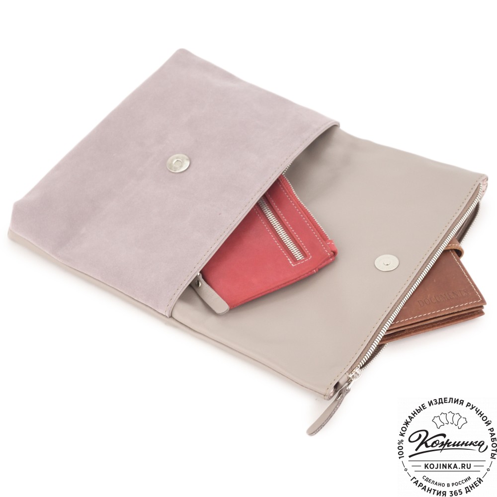 Кожаный клатч "Молли" с отделкой велюр (бежево-серый)