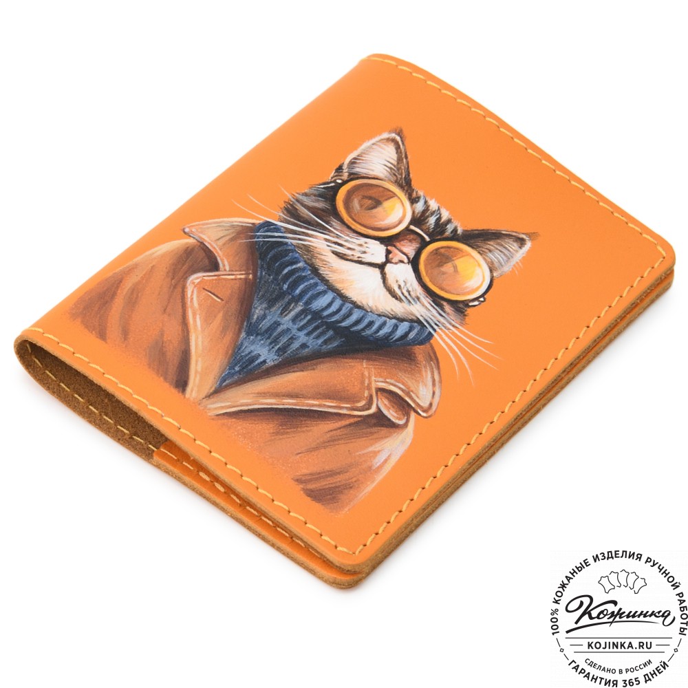 Кожаная обложка на паспорт "Будапешт" "Кот в очках"