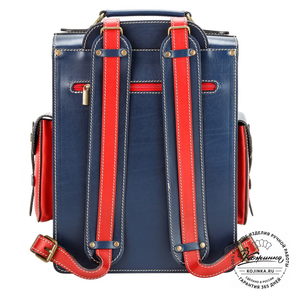 Кожаный ранец-портфель "Джон" (синий с красным)