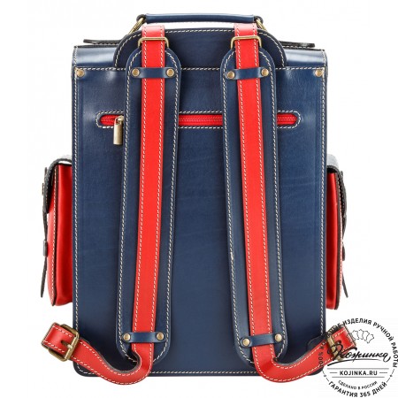 Кожаный ранец-портфель "Джон" (синий с красным)