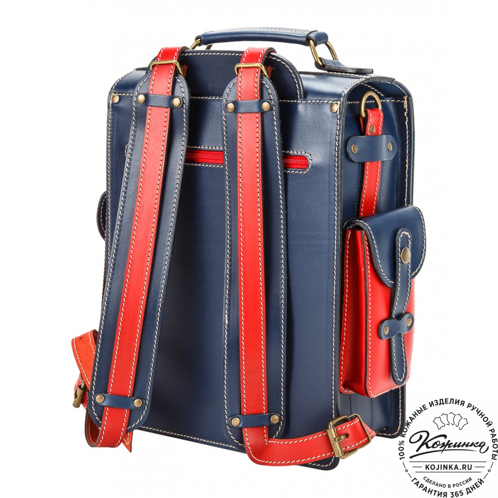 Кожаный ранец-портфель "Джон" (синий с красным)
