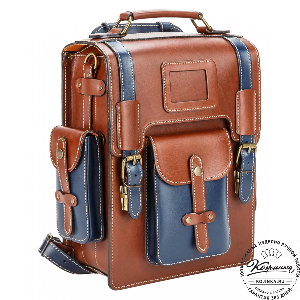 Кожаный ранец-портфель "Джон" (коричневый с синим)