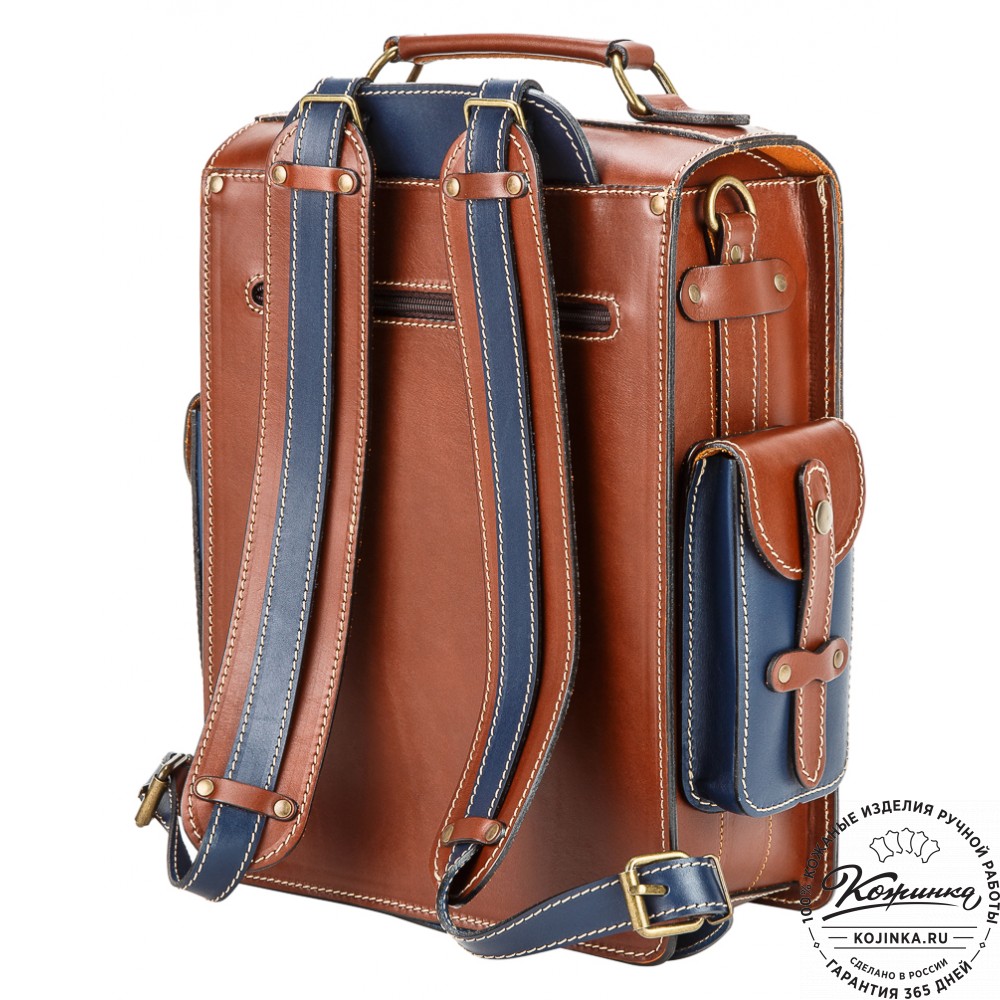 Кожаный ранец-портфель "Джон" (коричневый с синим)
