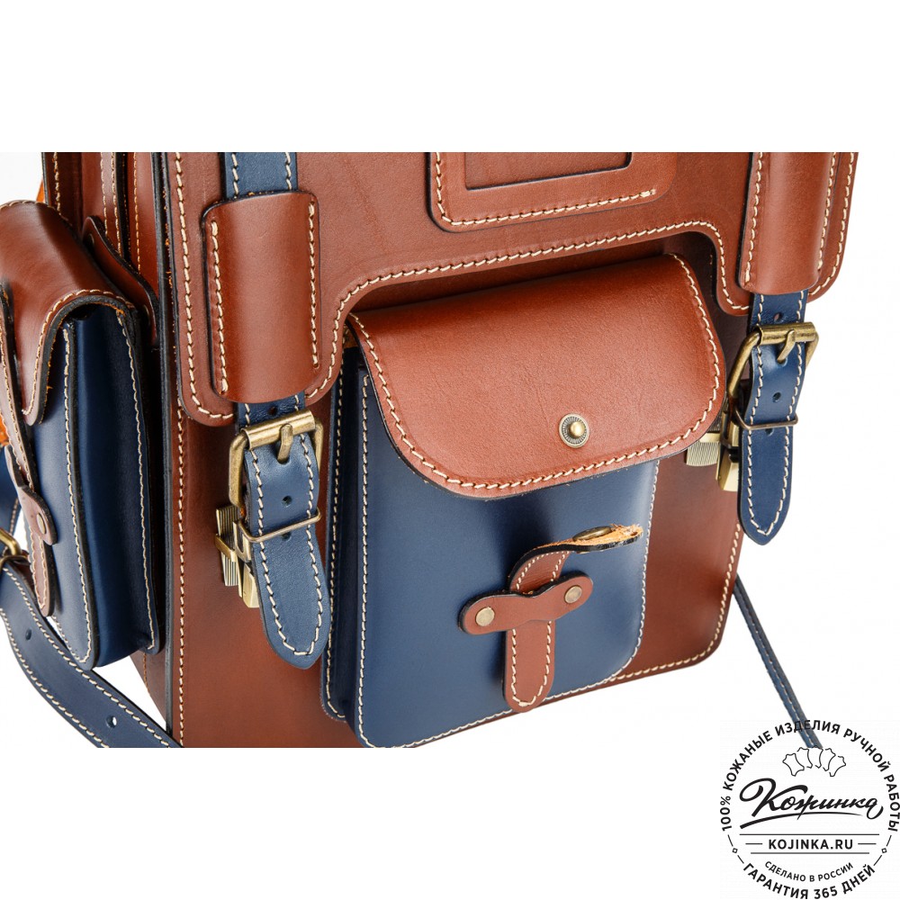 Кожаный ранец-портфель "Джон" (коричневый с синим)