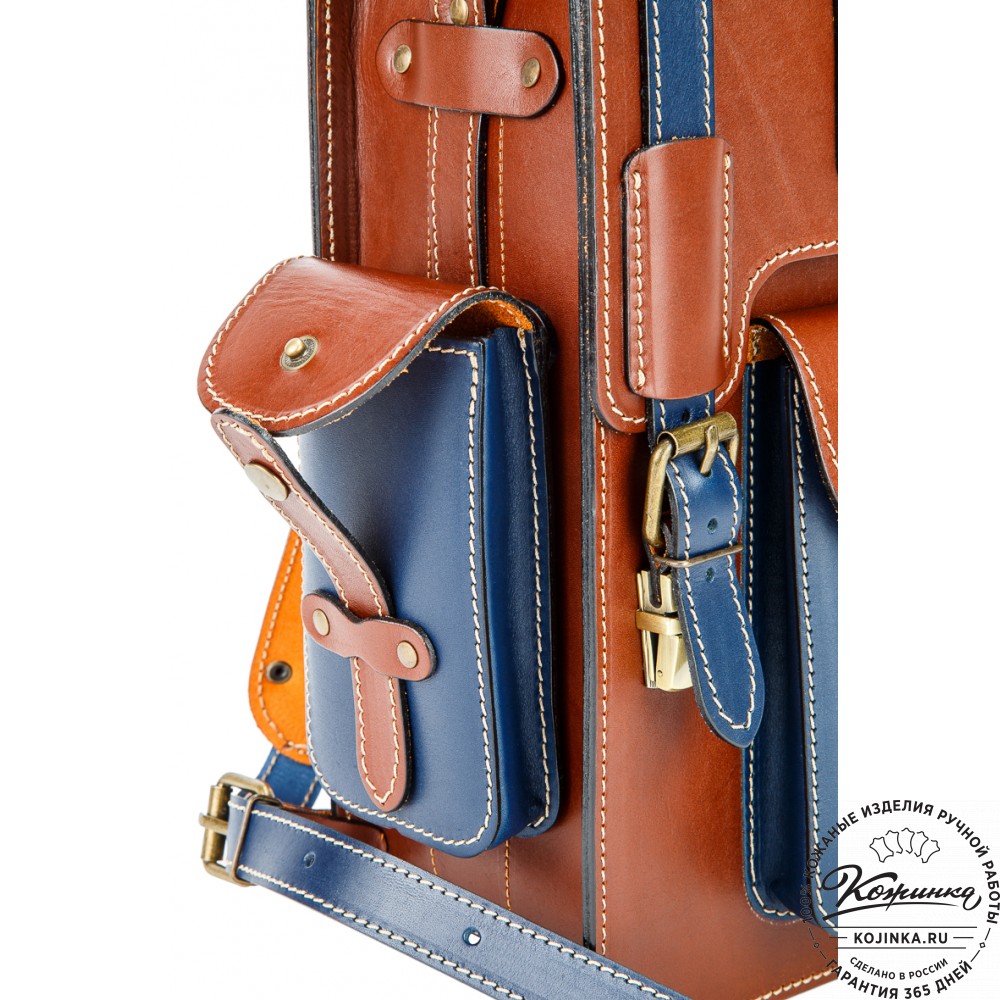 Кожаный ранец-портфель "Джон" (коричневый с синим)