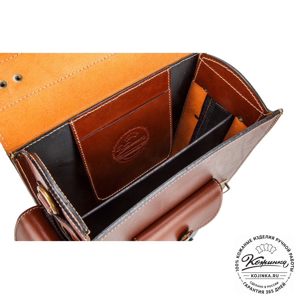 Кожаный ранец-портфель "Джон" (коричневый с синим)