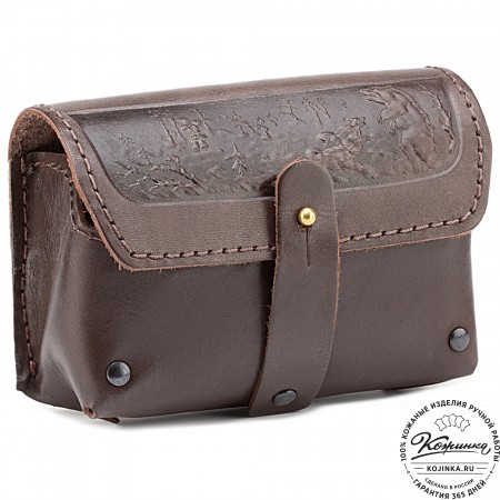 Кожаный подсумок двурядный на 10 патронов калибра 12,16, 20 (темно-коричневый)