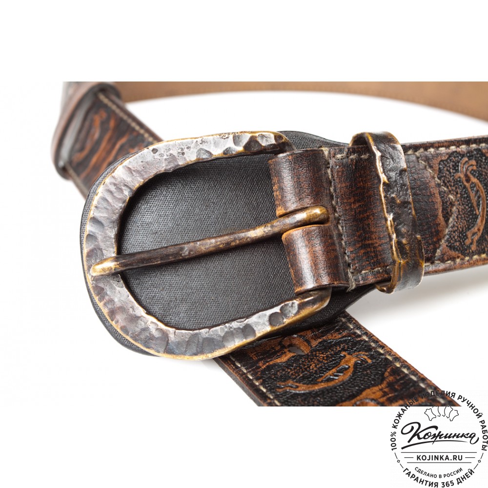 Кожаный мужской ремень "Кельт" тиснёный с дудками (коричневый)